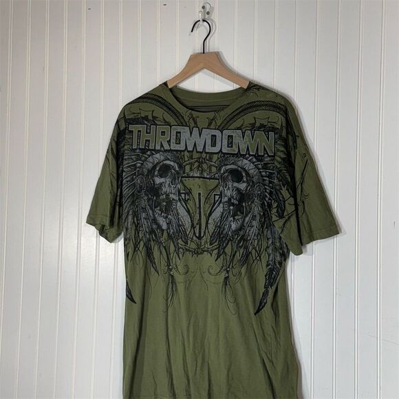Vintage Throwdown MMA Shirt XL Olive Green Skull Feather Graphic Tee USA Made - Picture 1 of 4